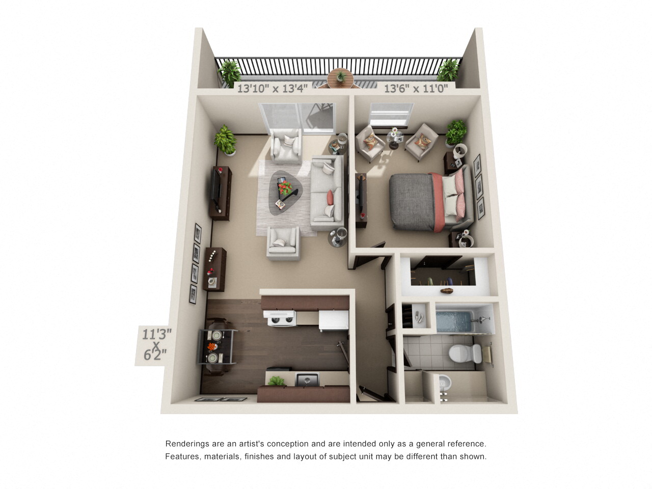 Floor plan for 1 bed, 1 bath, 620 sqft